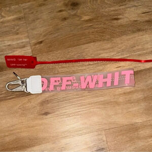 pink white lanyard keychain clasp with off white printed on it